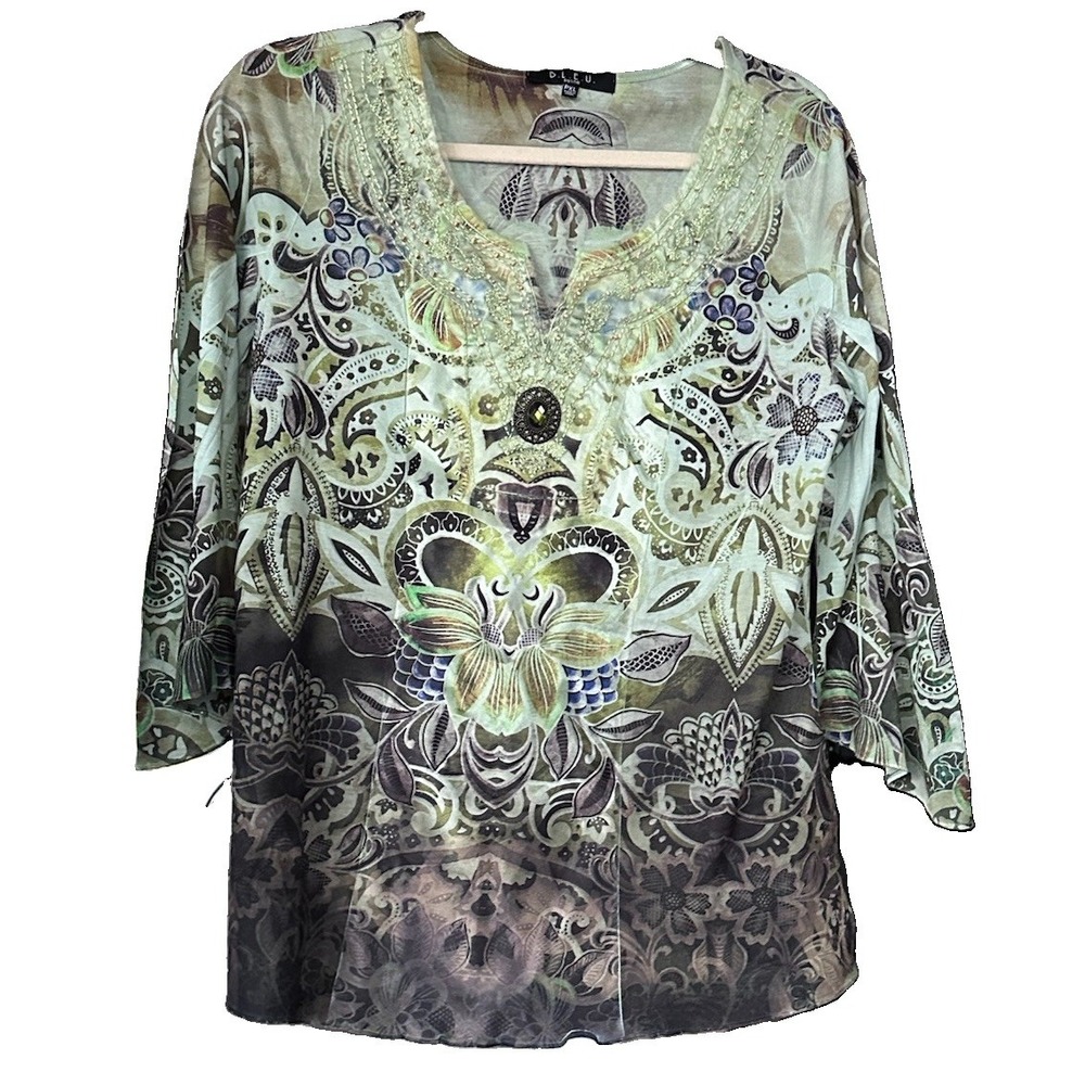 B.L.E.U. Y2K Womens Top PXL Green Satin Embroidered Fairycore Bell Sleeve Boho